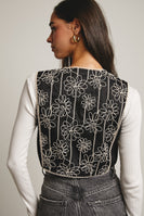 Forte Embroidered Front Tie Boho Vest in Black
