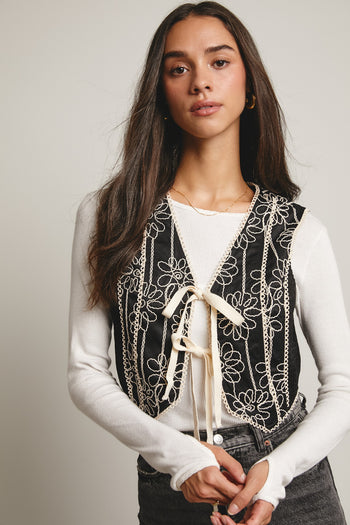 Forte Embroidered Front Tie Boho Vest in Black