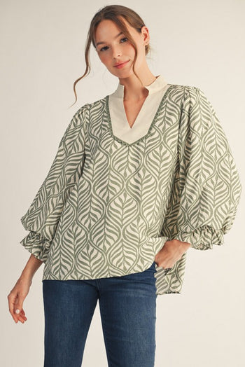 Jodifl Boho Leaf Print Top in Sage