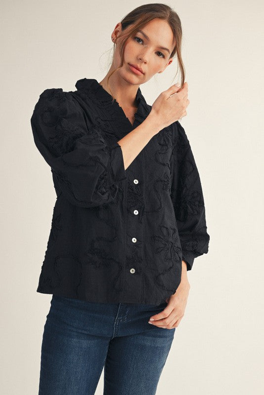 Jodifl Solid Color Textured 3D Floral Top in Black – June Adel