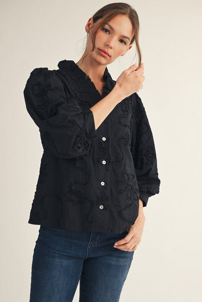 Jodifl Solid Color Textured 3D Floral Top in Black – June Adel