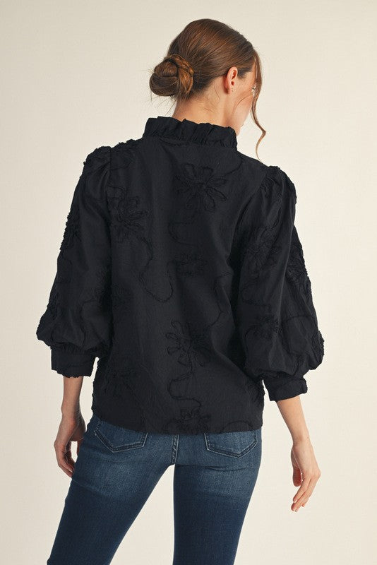 Jodifl Solid Color Textured 3D Floral Top in Black – June Adel