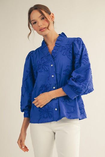 Jodifl Solid Color Textured 3D Floral Top in Royal