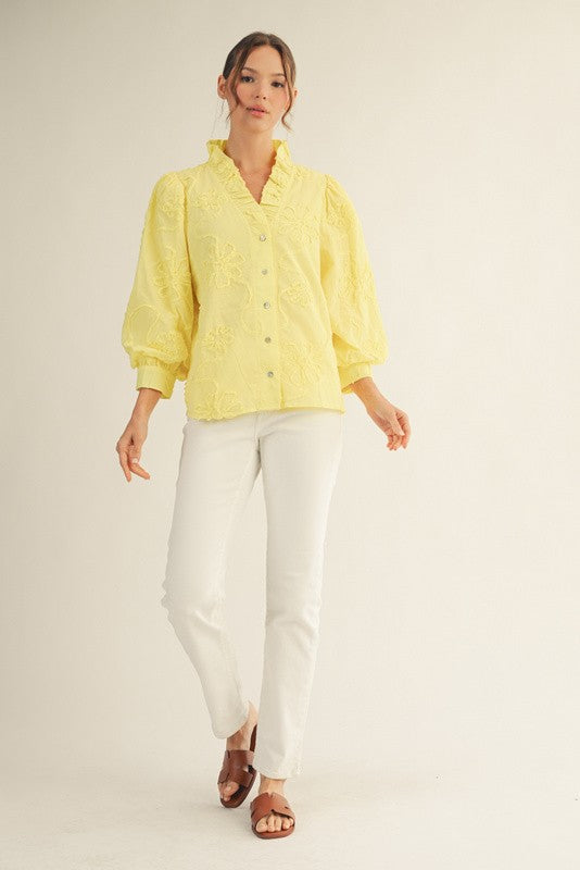 Jodifl Solid Color Textured 3D Floral Top in Yellow – June Adel