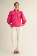 Jodifl Solid Color Textured 3D Floral Top in Bubble Gum