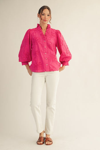 Jodifl Solid Color Textured 3D Floral Top in Bubble Gum