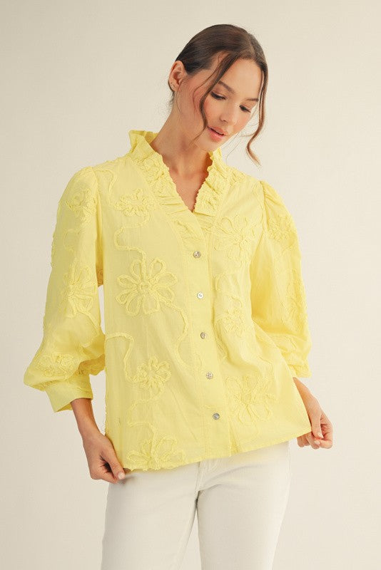 Jodifl Solid Color Textured 3D Floral Top in Yellow – June Adel