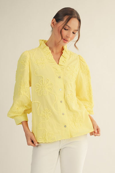 Jodifl Solid Color Textured 3D Floral Top in Yellow – June Adel