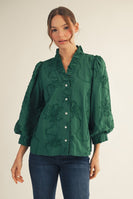 Jodifl Solid Color Textured 3D Floral Top in Hunter Green