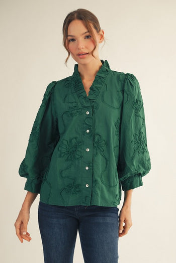 Jodifl Solid Color Textured 3D Floral Top in Hunter Green