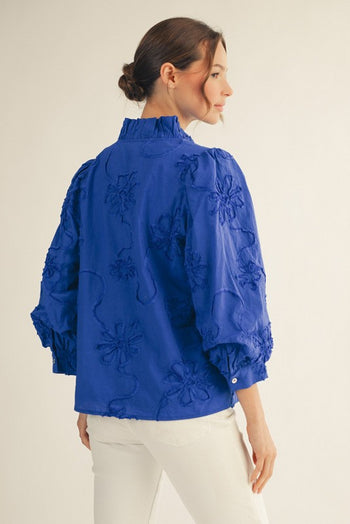 Jodifl Solid Color Textured 3D Floral Top in Royal