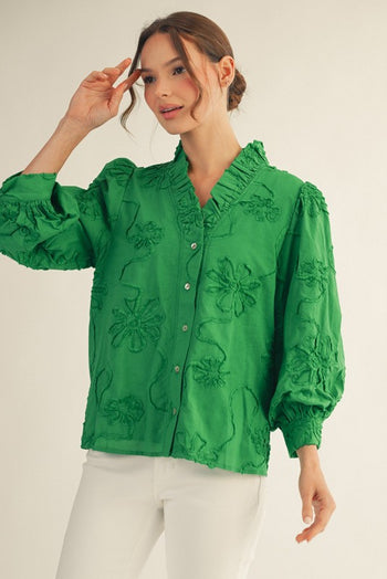 Jodifl Solid Color Textured 3D Floral Top in Kelly Green