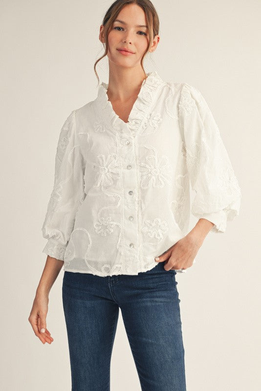 Jodifl Solid Color Textured 3D Floral Top in White – June Adel