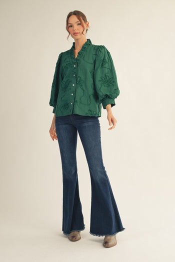 Jodifl Solid Color Textured 3D Floral Top in Hunter Green