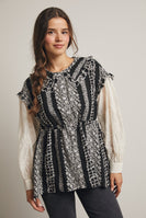 Forte Floral Stripe Belted Top With Sheer Sleeves in Black