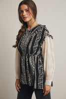 Forte Floral Stripe Belted Top With Sheer Sleeves in Black