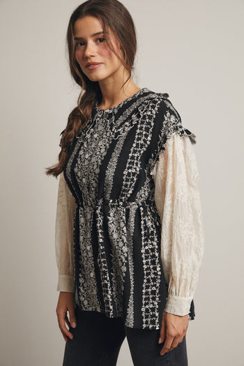 Forte Floral Stripe Belted Top With Sheer Sleeves in Black