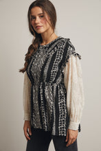 Load image into Gallery viewer, Forte Floral Stripe Belted Top With Sheer Sleeves in Black
