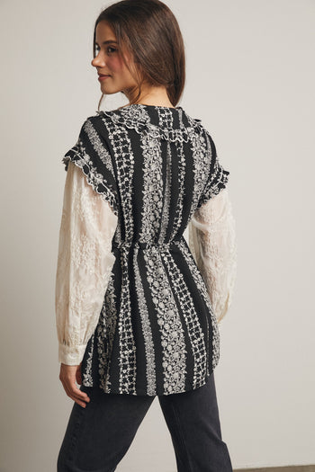 Forte Floral Stripe Belted Top With Sheer Sleeves in Black