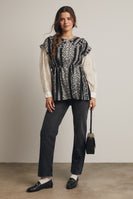 Forte Floral Stripe Belted Top With Sheer Sleeves in Black