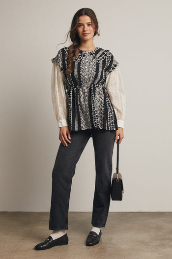 Forte Floral Stripe Belted Top With Sheer Sleeves in Black