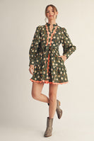 Jodifl Scallop Edge Detail Button Down Floral Dress in Olive