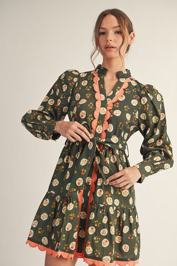 Jodifl Scallop Edge Detail Button Down Floral Dress in Olive