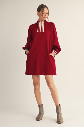 Jodifl Solid Color Casual Mini Dress with Stripe Details in Burgundy