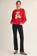 Jodifl Solid Color Knit Sweater with Teddy Bear Front in Red