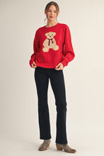 Load image into Gallery viewer, Jodifl Solid Color Knit Sweater with Teddy Bear Front in Red
