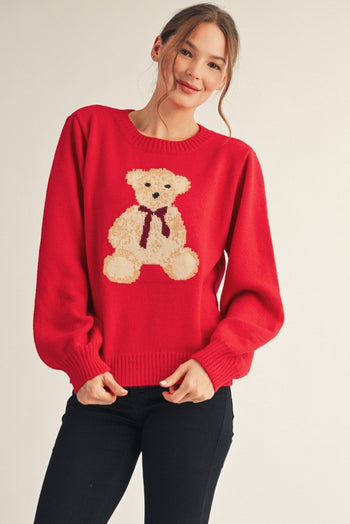 Jodifl Solid Color Knit Sweater with Teddy Bear Front in Red
