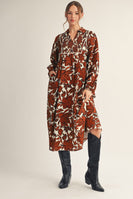 Jodifl Smocked Chest Floral Print Midi Dress in Brown