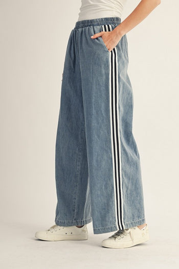 Jodifl Lightweight Washed Denim Pants with Banded Side Strip in Denim