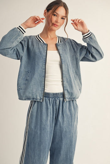 Jodifl Washed Denim Jacket with Contrasting Stripes in Denim