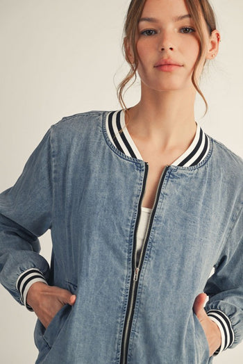 Jodifl Washed Denim Jacket with Contrasting Stripes in Denim