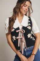 Forte Knit Floral Front Tie Vest in Black