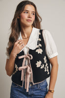Forte Knit Floral Front Tie Vest in Black