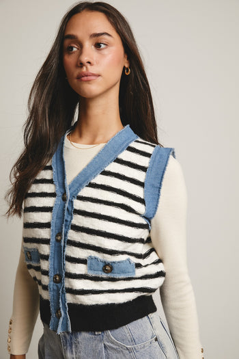 Forte Denim Trim Button Down Knit Vest in Stripes