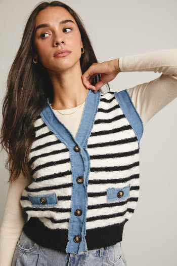 Forte Denim Trim Button Down Knit Vest in Stripes