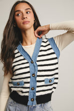 Load image into Gallery viewer, Forte Denim Trim Button Down Knit Vest in Stripes
