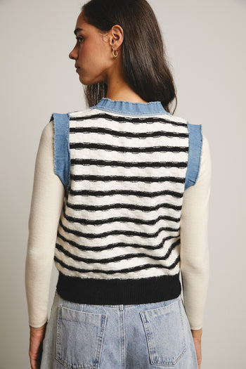 Forte Denim Trim Button Down Knit Vest in Stripes