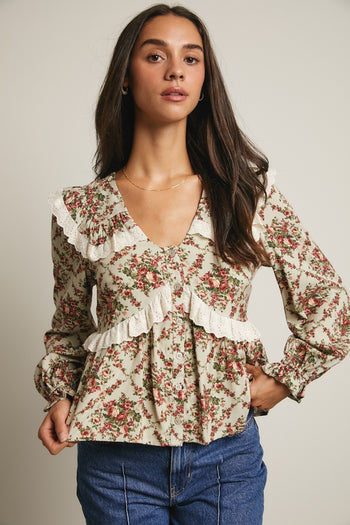 Forte Eyelet Ruffle Floral Peplum Top in Light Sage
