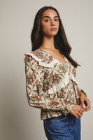 Forte Eyelet Ruffle Floral Peplum Top in Light Sage