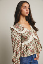 Load image into Gallery viewer, Forte Eyelet Ruffle Floral Peplum Top in Light Sage
