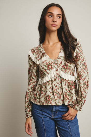 Forte Eyelet Ruffle Floral Peplum Top in Light Sage