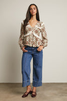 Forte Eyelet Ruffle Floral Peplum Top in Light Sage