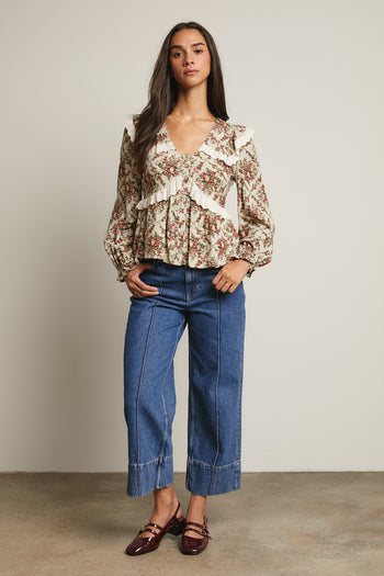 Forte Eyelet Ruffle Floral Peplum Top in Light Sage