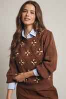Forte Midweight Knit Floral Embroidered Sweater in Mocha