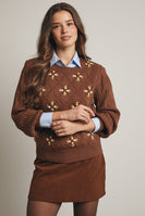 Forte Midweight Knit Floral Embroidered Sweater in Mocha