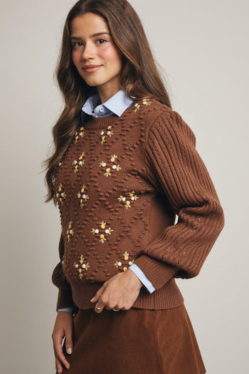 Forte Midweight Knit Floral Embroidered Sweater in Mocha